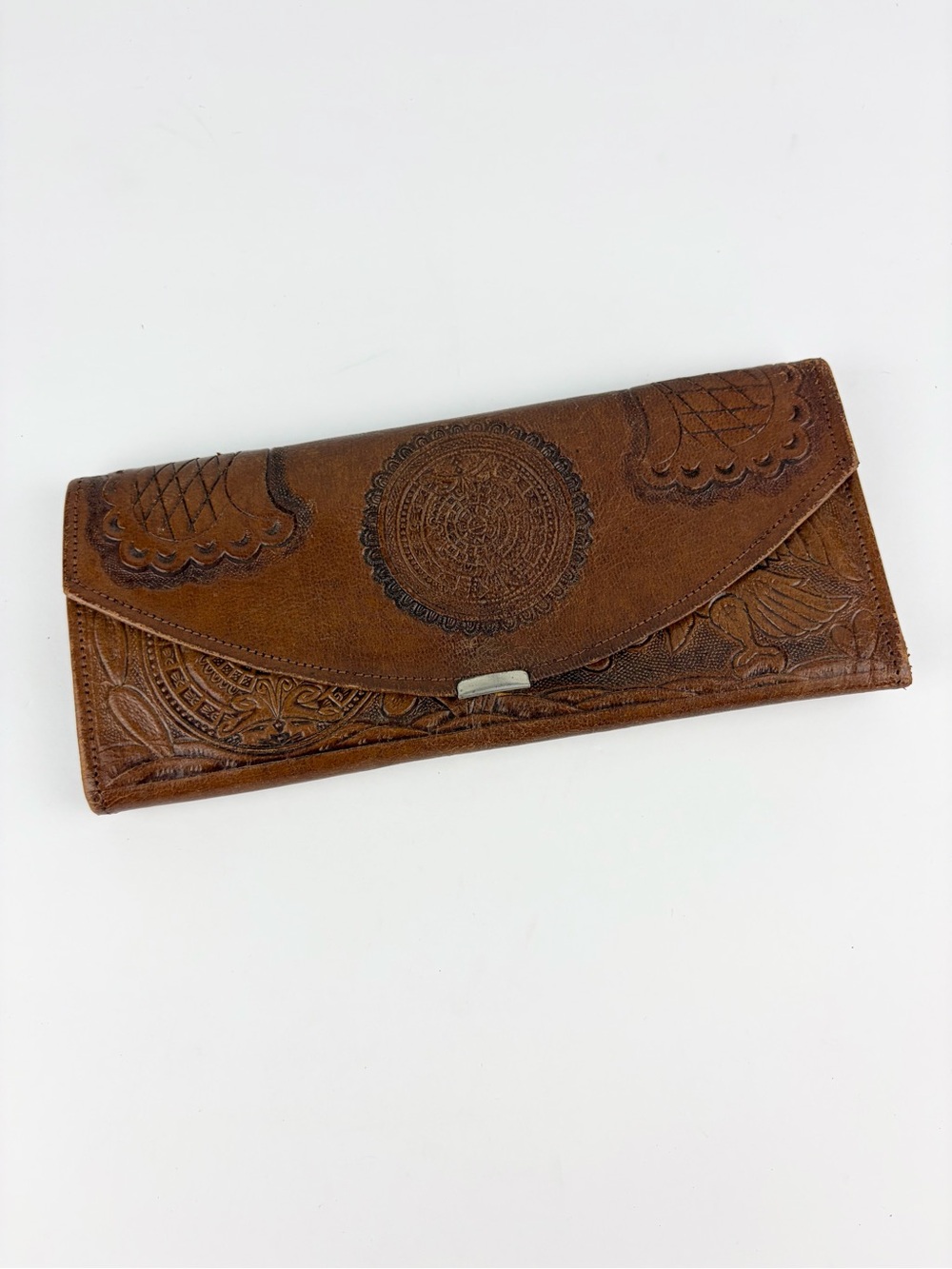 Vintage 70s 80s Tooled Embossed Leather Trifold Wallet Mexico